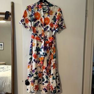 Sezane Silk Shirt Dress with Bright Floral Print, Size FR36/US4